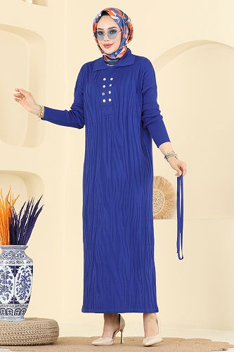 moda selvim Aksesuar Düğmeli Triko Elbise 211440TPK1167 Saks - Thumbnail