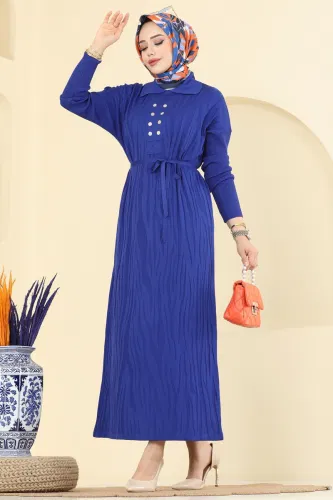 T.P.K. - Aksesuar Düğmeli Triko Elbise 211440TPK1167 Saks