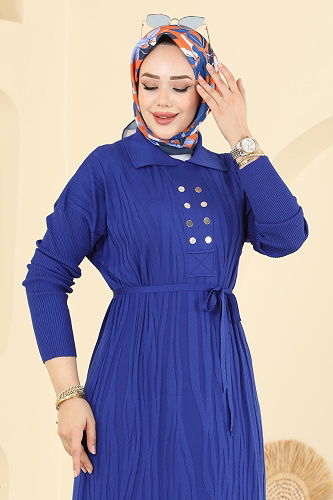 moda selvim Aksesuar Düğmeli Triko Elbise 211440TPK1167 Saks - Thumbnail