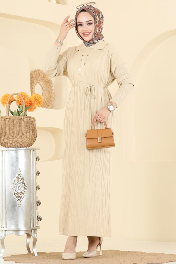 Modaselvim Elbise Aksesuar Düğmeli Triko Elbise 211440TPK1167 Taş