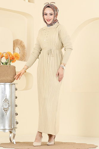 moda selvim Aksesuar Düğmeli Triko Elbise 211440TPK1167 Taş - Thumbnail
