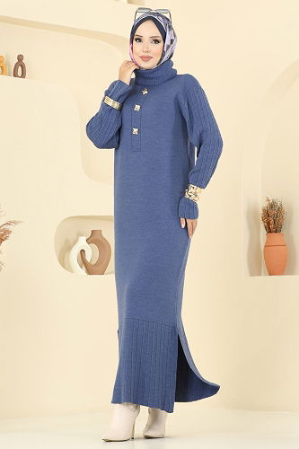 moda selvim Aksesuar Düğmeli Triko Elbise 8362KL398 İndigo - Thumbnail