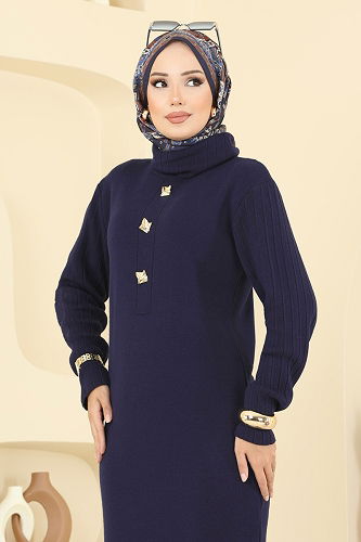 moda selvim Aksesuar Düğmeli Triko Elbise 8362KL398 Laci - Thumbnail