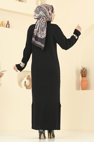 moda selvim Aksesuar Düğmeli Triko Elbise 8362KL398 Siyah - Thumbnail