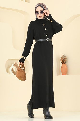 moda selvim Aksesuar Düğmeli Triko Elbise 8362KL398 Siyah - Thumbnail
