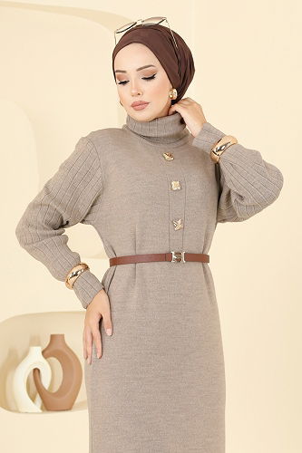 moda selvim Aksesuar Düğmeli Triko Elbise 8362KL398 Vizyon - Thumbnail