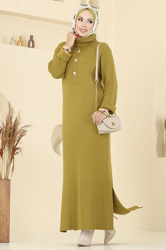 moda selvim Aksesuar Düğmeli Triko Elbise 8362KL398 Yağ Yeşili - Thumbnail
