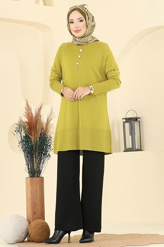 moda selvim Aksesuar Düğmeli Triko Takım 2723AYD574 Asit&Siyah - Thumbnail