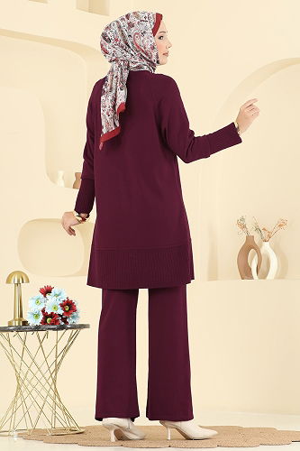 moda selvim Aksesuar Düğmeli Triko Takım 2723AYD574 Bordo - Thumbnail