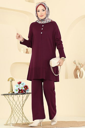 moda selvim Aksesuar Düğmeli Triko Takım 2723AYD574 Bordo - Thumbnail