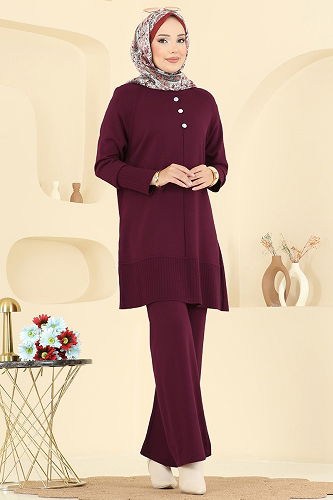 moda selvim Aksesuar Düğmeli Triko Takım 2723AYD574 Bordo - Thumbnail
