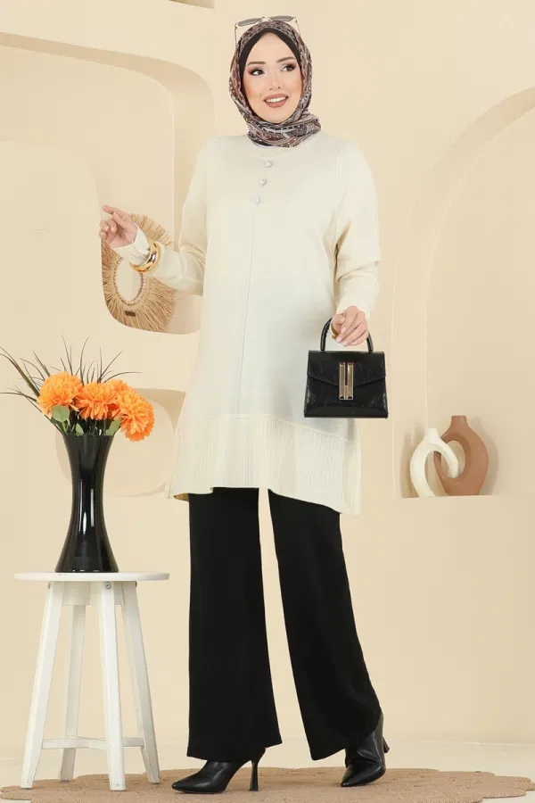 Modaselvim Kombin Aksesuar Düğmeli Triko Takım 2723AYD574 Ekru&Siyah