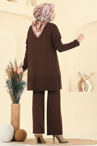 moda selvim Aksesuar Düğmeli Triko Takım 2723AYD574 Kahve - Thumbnail