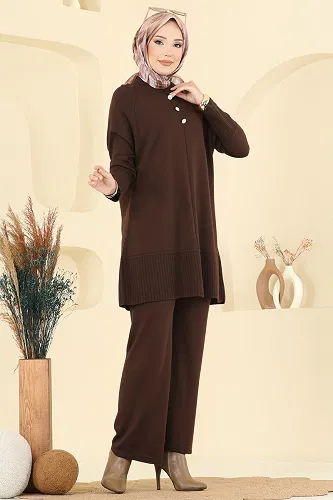 moda selvim Aksesuar Düğmeli Triko Takım 2723AYD574 Kahve - Thumbnail