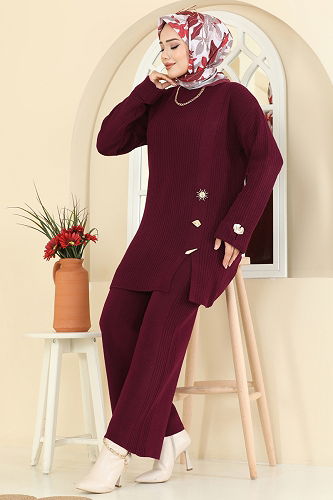 moda selvim Aksesuar Düğmeli Triko Takım 8052OZN1046 Bordo - Thumbnail