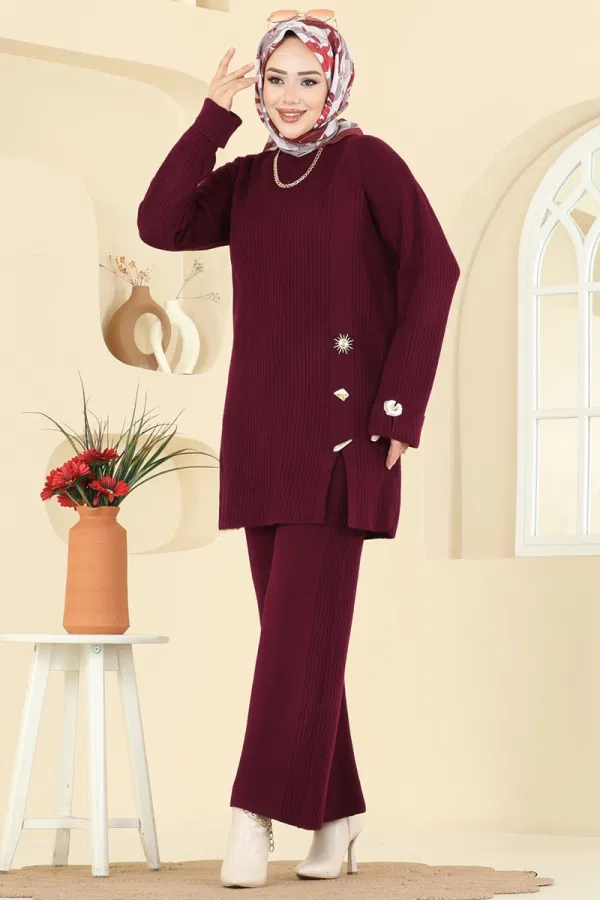 Modaselvim Kombin Aksesuar Düğmeli Triko Takım 8052OZN1046 Bordo