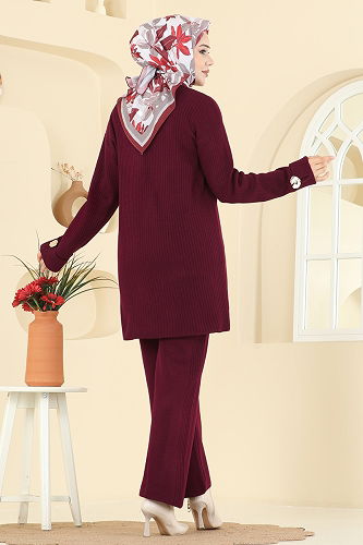 moda selvim Aksesuar Düğmeli Triko Takım 8052OZN1046 Bordo - Thumbnail