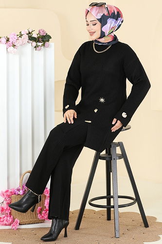 moda selvim Aksesuar Düğmeli Triko Takım 8052OZN1046 Siyah - Thumbnail