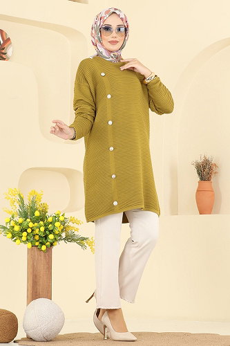 moda selvim Aksesuar Düğmeli Triko Tunik 2735AYD574 Asit - Thumbnail