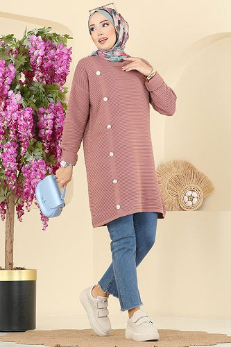 moda selvim Aksesuar Düğmeli Triko Tunik 2735AYD574 Gül Kurusu - Thumbnail