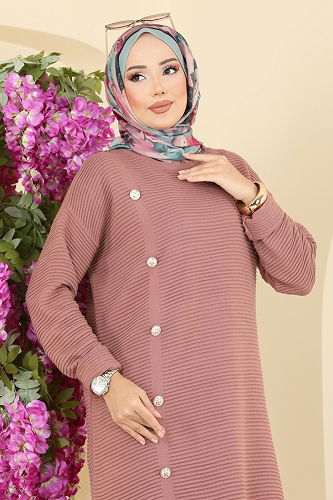 moda selvim Aksesuar Düğmeli Triko Tunik 2735AYD574 Gül Kurusu - Thumbnail