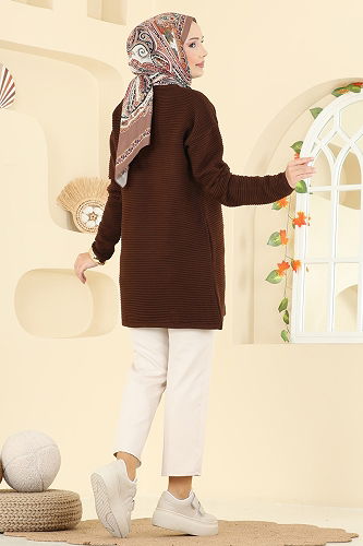 moda selvim Aksesuar Düğmeli Triko Tunik 2735AYD574 Kahve - Thumbnail
