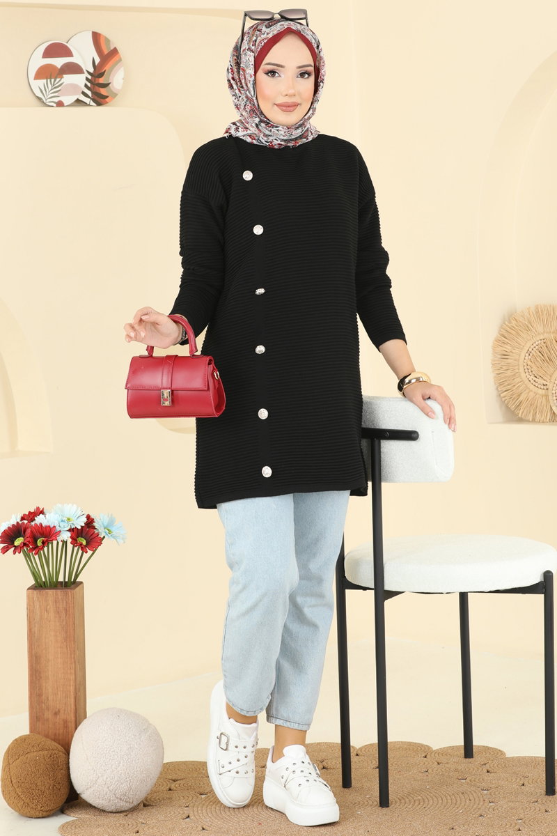 Aksesuar Düğmeli Triko Tunik 2735AYD574 Siyah