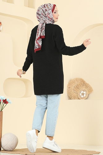 moda selvim Aksesuar Düğmeli Triko Tunik 2735AYD574 Siyah - Thumbnail