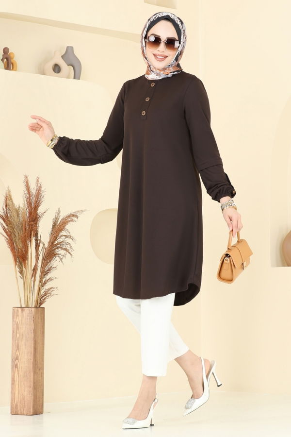 Modaselvim Tunik Aksesuar Düğmeli Tunik 1799MH427 Kahve