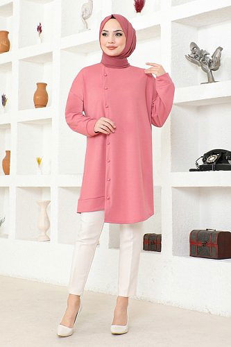 moda selvim Aksesuar Düğmeli Zara Tunik MSL7338 Gül Kurusu - Thumbnail