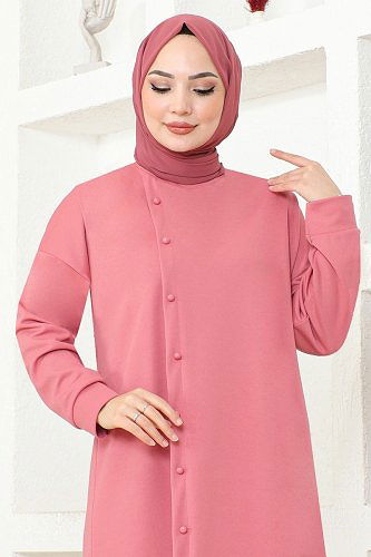 moda selvim Aksesuar Düğmeli Zara Tunik MSL7338 Gül Kurusu - Thumbnail