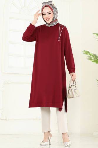 moda selvim Aksesuar Fermuarlı Tesettür Tunik 2700AYD574 Bordo - Thumbnail