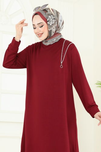 moda selvim Aksesuar Fermuarlı Tesettür Tunik 2700AYD574 Bordo - Thumbnail
