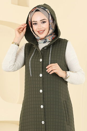 moda selvim Aksesuar Zincirli Kapitone Yelek 1979TRT545 Haki - Thumbnail