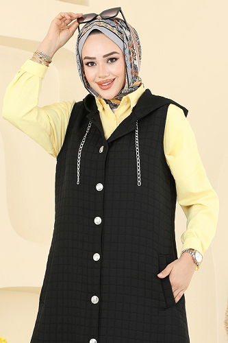 moda selvim Aksesuar Zincirli Kapitone Yelek 1979TRT545 Siyah - Thumbnail