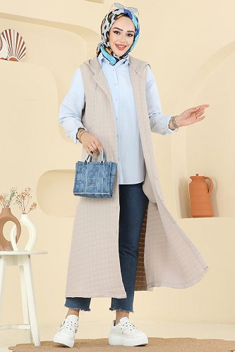 moda selvim Aksesuar Zincirli Kapitone Yelek 1979TRT545 Taş - Thumbnail