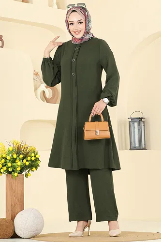 moda selvim Aksesur Düğmeli Aerobin Takım 2621SL432 Koyu Haki - Thumbnail
