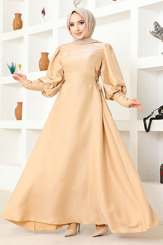 moda selvim الفستان END5583-M خردلي - Thumbnail