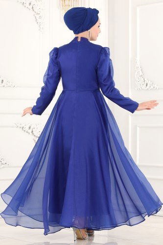 moda selvim Taş İşlemeli Organze Midi Abiye 6460YG95 Saks - Thumbnail