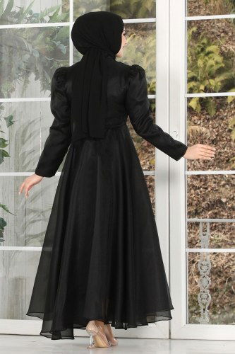 moda selvim Taş İşlemeli Organze Midi Abiye 6460YG95 Siyah - Thumbnail