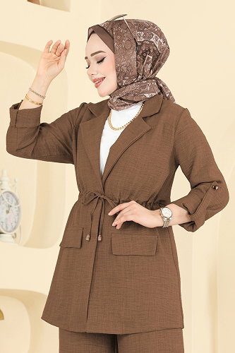 moda selvim Apolet Detaylı Sofia Takım 5520MP806 Açık Kahve - Thumbnail