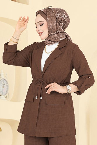 moda selvim Apolet Detaylı Sofia Takım 5520MP806 Koyu Kahve - Thumbnail