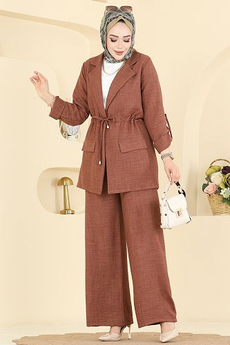 moda selvim Apolet Detaylı Sofia Takım 5520MP806 Koyu Taba - Thumbnail