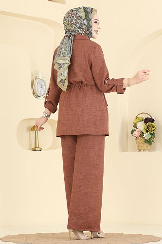 moda selvim Apolet Detaylı Sofia Takım 5520MP806 Koyu Taba - Thumbnail