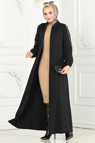 moda selvim Apolet Detaylı Tivit Ferace PL9076 Siyah - Thumbnail