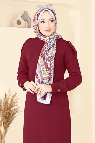 moda selvim Apolet Düğmeli Elbise 13367ETT926 Bordo - Thumbnail