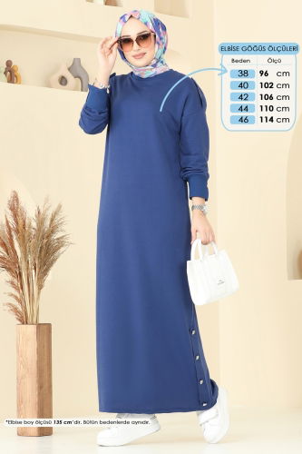moda selvim Apolet Düğmeli Elbise 13367ETT926 İndigo - Thumbnail