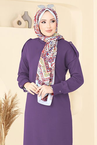 moda selvim Apolet Düğmeli Elbise 13367ETT926 Mor - Thumbnail