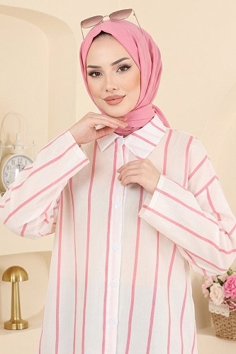 moda selvim Apolet Düğmeli Şık Gömlek 182NZRK1200 Pembe - Thumbnail