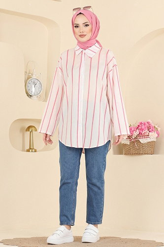 moda selvim Apolet Düğmeli Şık Gömlek 182NZRK1200 Pembe - Thumbnail